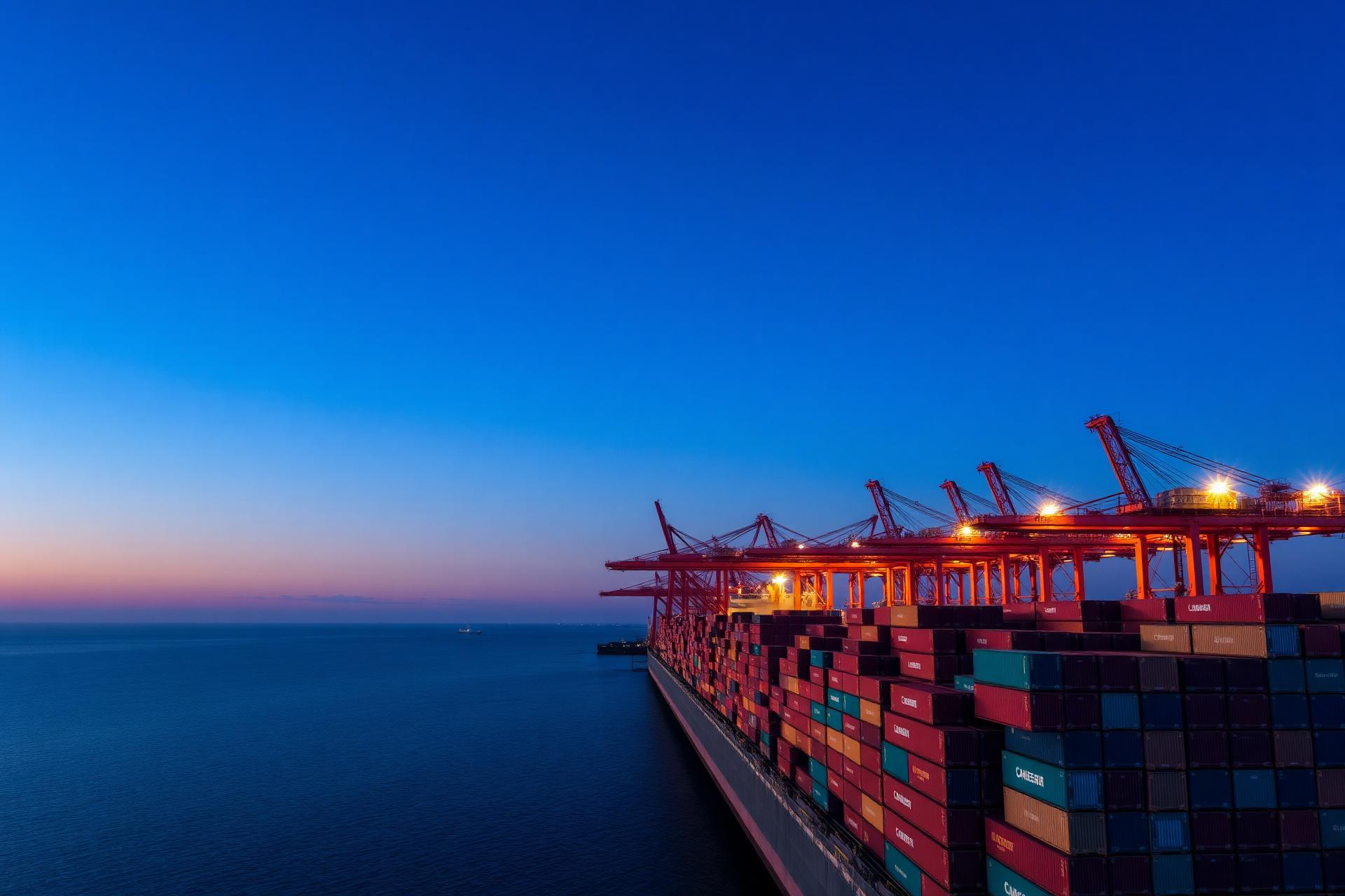 International container port at dusk